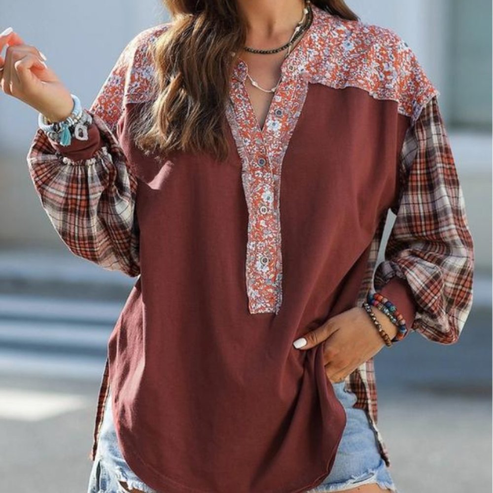 Floral Plaid Mixed Print Bishop Sleeve Patchwork Top